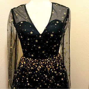 Black celestial evening dress gown gold stars